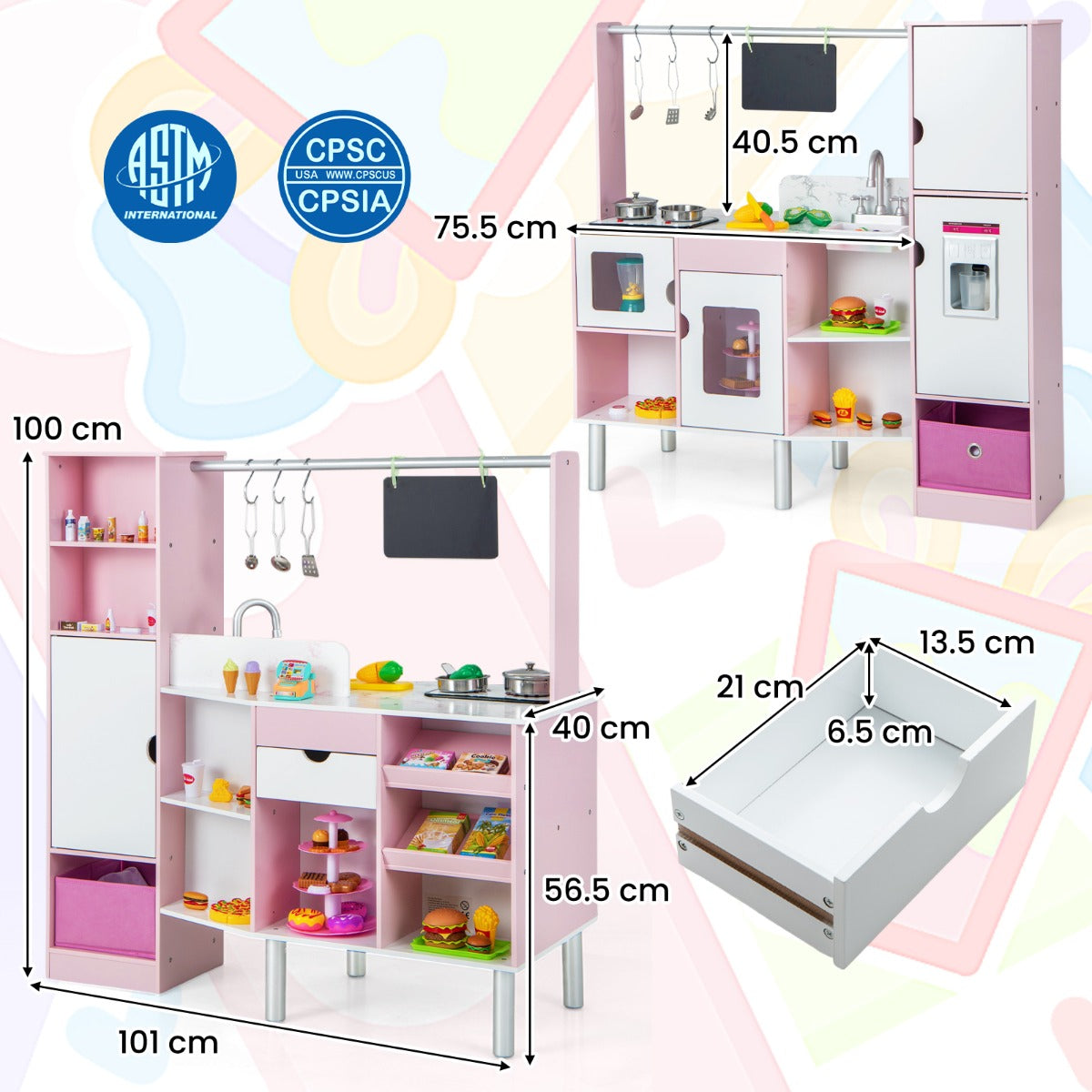 LIVSK 2-in-1 Kinderkeuken en Markt - Dubbelzijdig Design - Licht- en Geluidseffecten - Inclusief 82 Accessoires - Roze