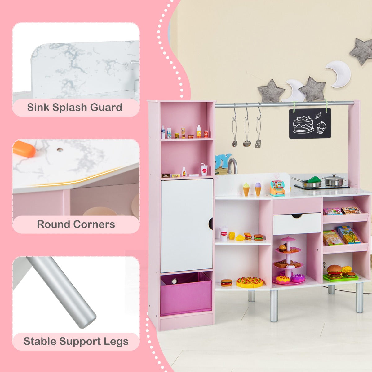 LIVSK 2-in-1 Kinderkeuken en Markt - Dubbelzijdig Design - Licht- en Geluidseffecten - Inclusief 82 Accessoires - Roze