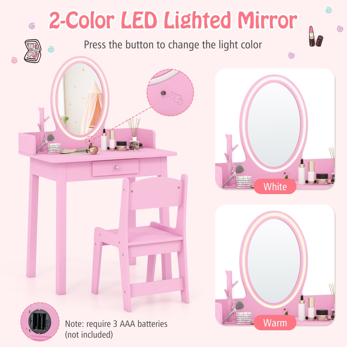 LIVSK Make-up-speelset met Spiegel en LED-verlichting - Ruime Opbergruimte - Veilig Ontwerp - Voor Kinderen 3-8 Jaar - Roze