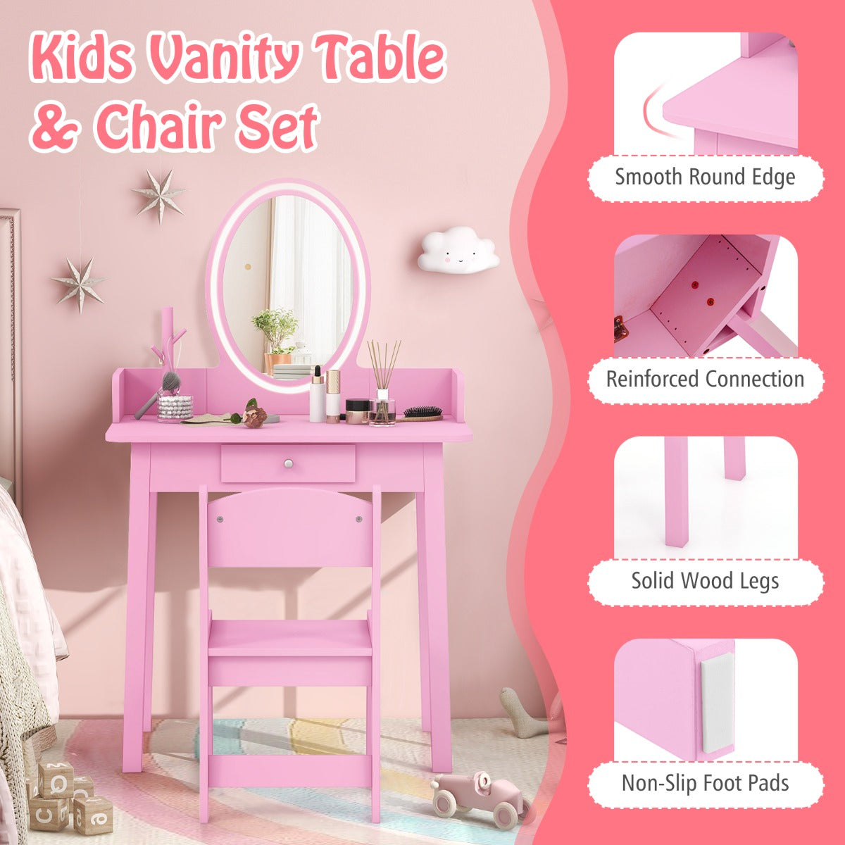 LIVSK Make-up-speelset met Spiegel en LED-verlichting - Ruime Opbergruimte - Veilig Ontwerp - Voor Kinderen 3-8 Jaar - Roze