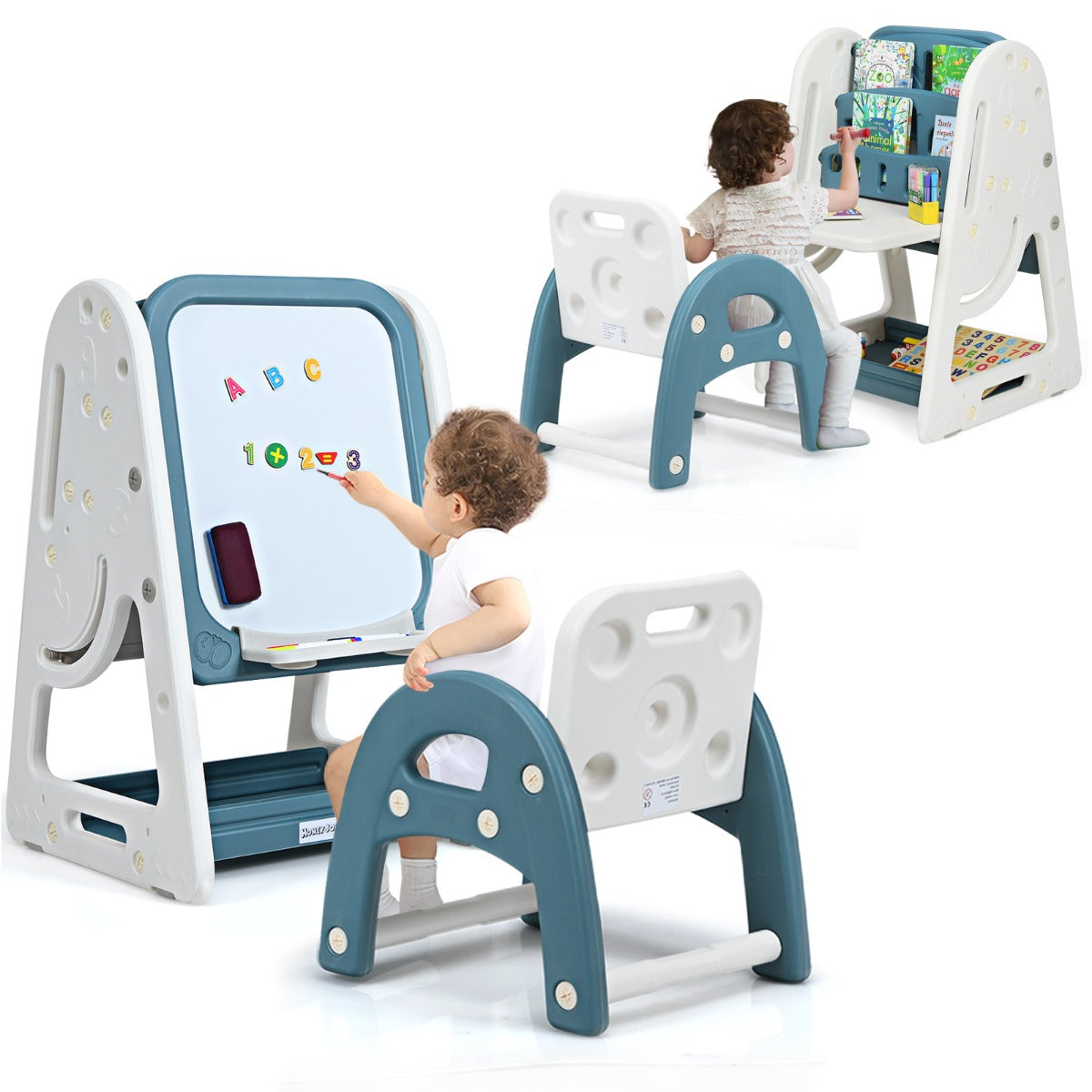 LIVSK 2-in-1 Kinder Schildersezel en Boekenrek - Verstelbaar - Opvouwbaar - Veilig HDPE - Inclusief Accessoires - Blauw