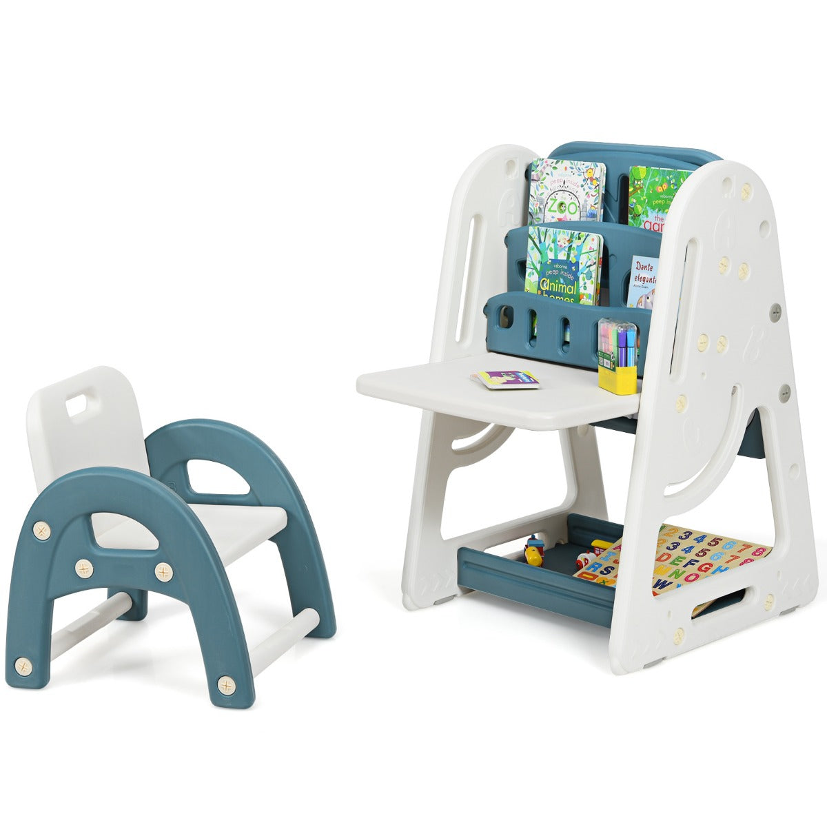 LIVSK 2-in-1 Kinder Schildersezel en Boekenrek - Verstelbaar - Opvouwbaar - Veilig HDPE - Inclusief Accessoires - Blauw