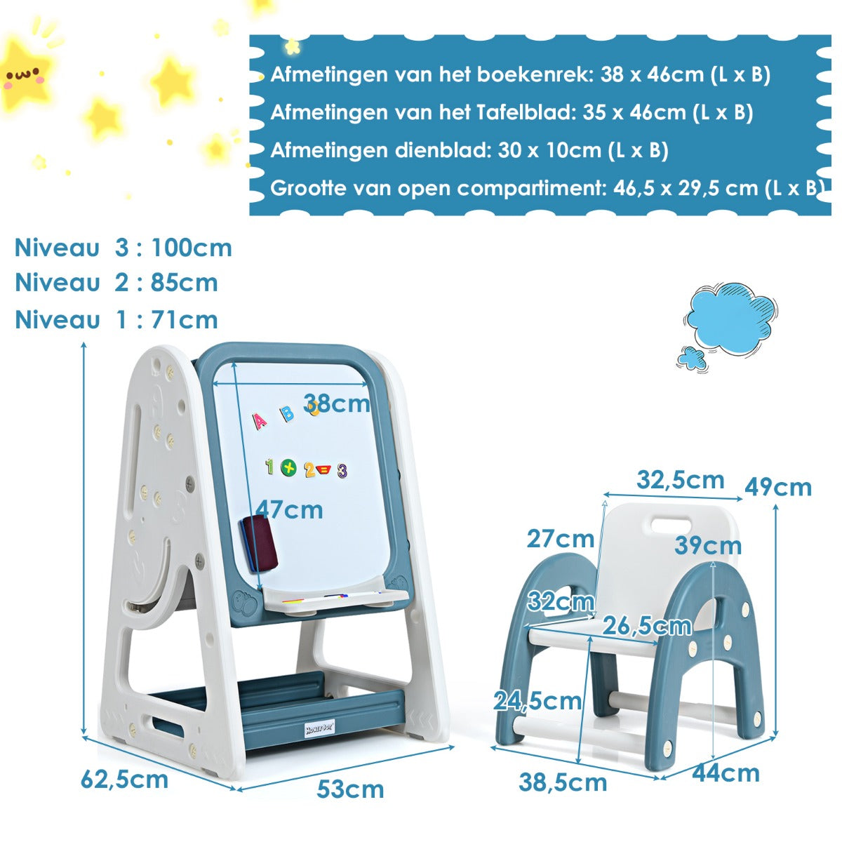 LIVSK 2-in-1 Kinder Schildersezel en Boekenrek - Verstelbaar - Opvouwbaar - Veilig HDPE - Inclusief Accessoires - Blauw
