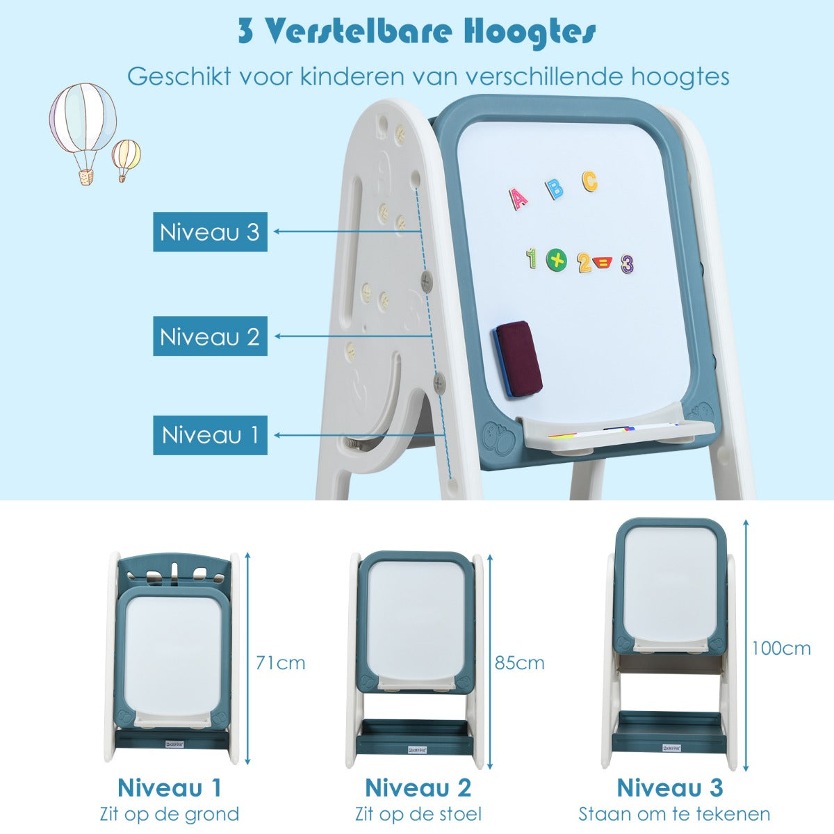 LIVSK 2-in-1 Kinder Schildersezel en Boekenrek - Verstelbaar - Opvouwbaar - Veilig HDPE - Inclusief Accessoires - Blauw