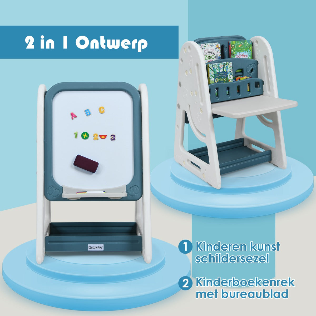 LIVSK 2-in-1 Kinder Schildersezel en Boekenrek - Verstelbaar - Opvouwbaar - Veilig HDPE - Inclusief Accessoires - Blauw