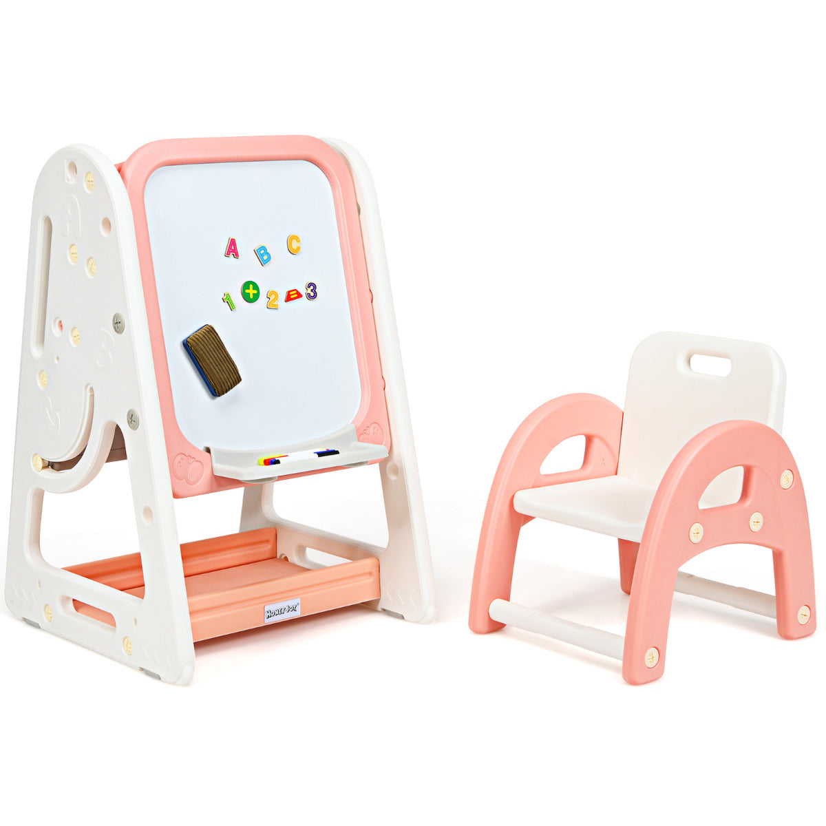 LIVSK 2-in-1 Kinder Schildersezel en Boekenrek - Verstelbaar in 3 Hoogtes - Veilig HDPE - Inclusief Stoel en Accessoires - Oranje
