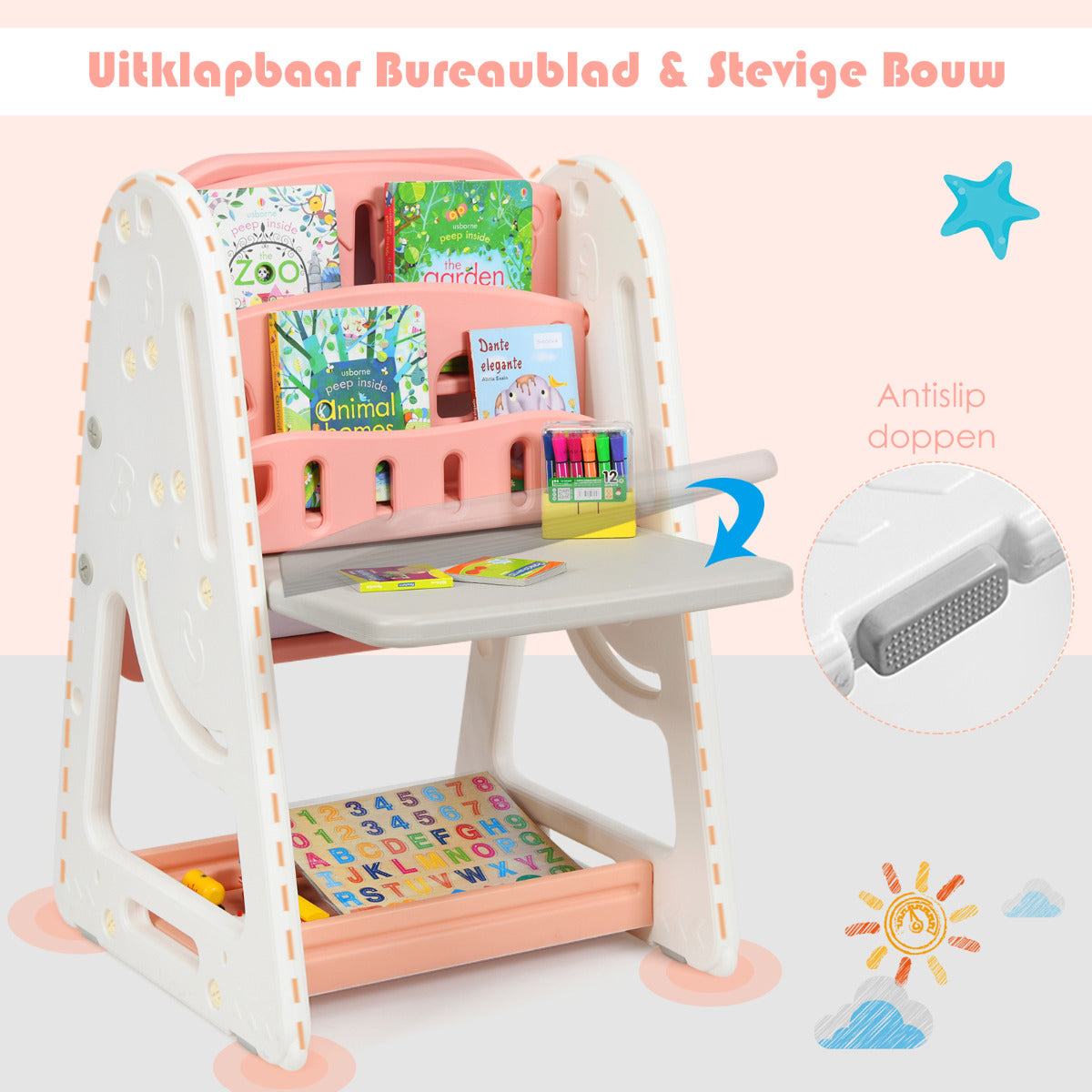 LIVSK 2-in-1 Kinder Schildersezel en Boekenrek - Verstelbaar in 3 Hoogtes - Veilig HDPE - Inclusief Stoel en Accessoires - Oranje