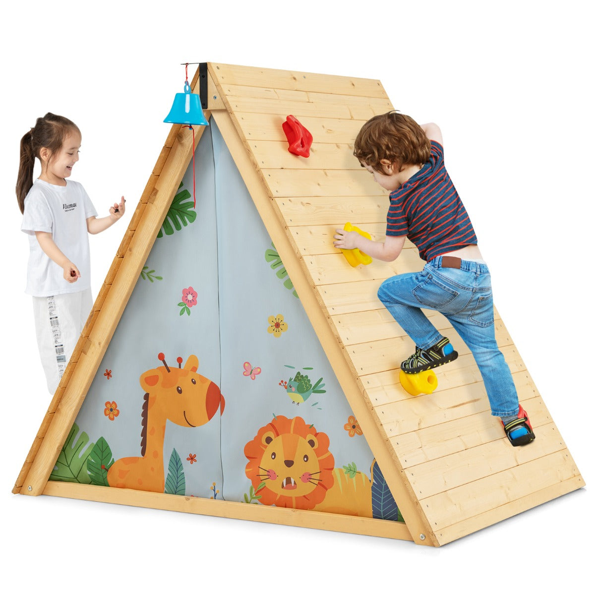 LIVSK 2-in-1 Speelhuis met Klimwand en Bel - Voor 2 Kinderen - Veilig Dennenhout - Stabiele Constructie - 115 x 77 x 100 cm -