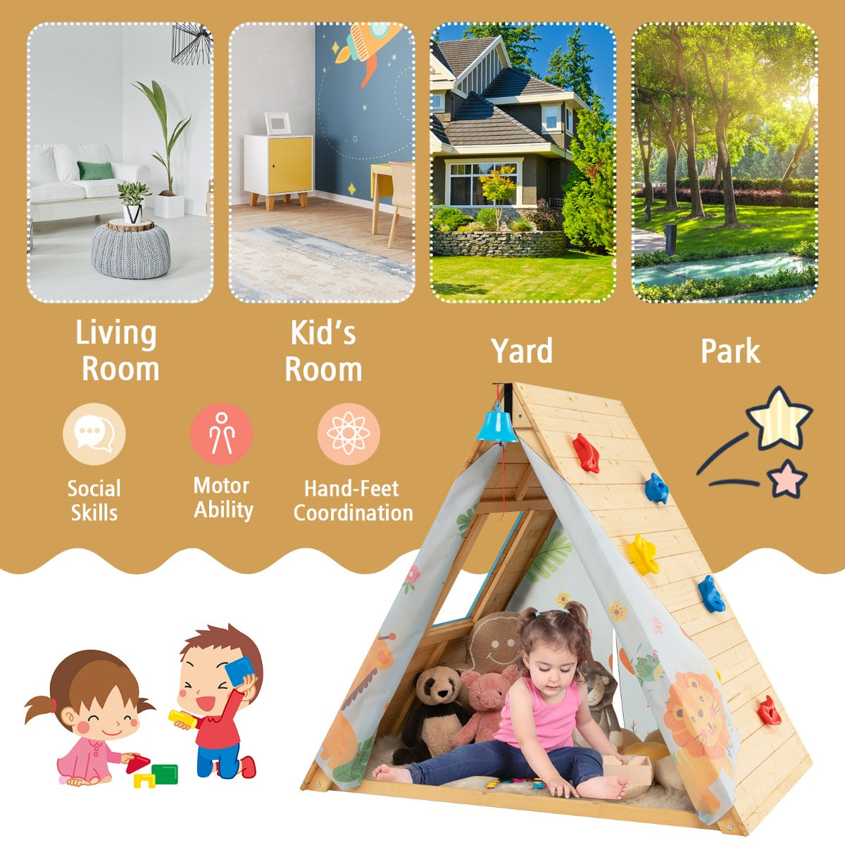 LIVSK 2-in-1 Speelhuis met Klimwand en Bel - Voor 2 Kinderen - Veilig Dennenhout - Stabiele Constructie - 115 x 77 x 100 cm -