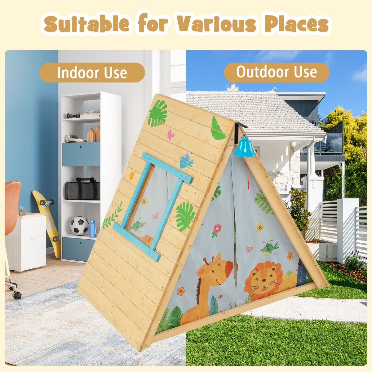 LIVSK 2-in-1 Speelhuis met Klimwand en Bel - Voor 2 Kinderen - Veilig Dennenhout - Stabiele Constructie - 115 x 77 x 100 cm -