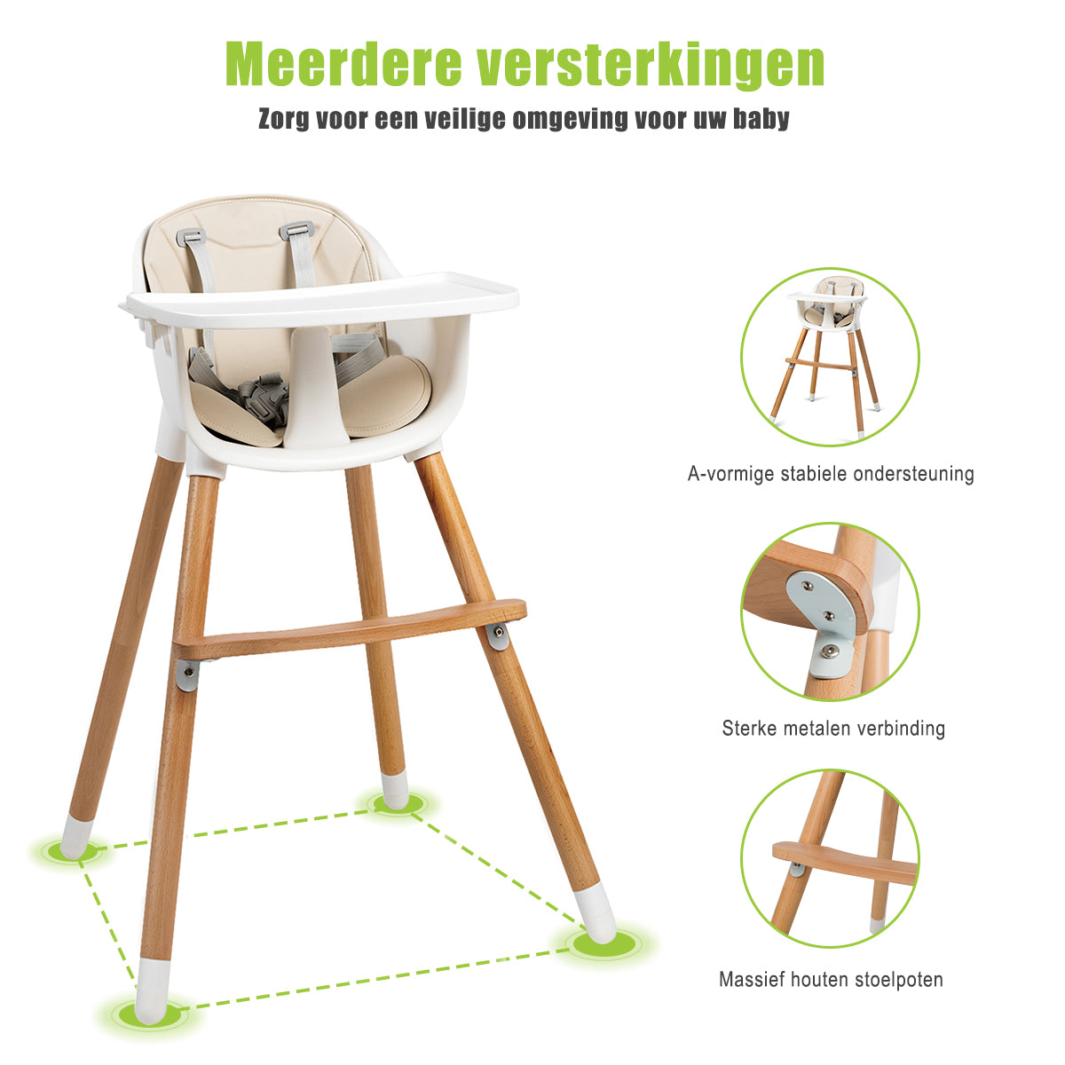 LIVSK Converteerbare Eetkamerstoel - Beukenhout - 2-in-1 Ontwerp - Verstelbaar Plateau - Veiligheidsgordel - Crème