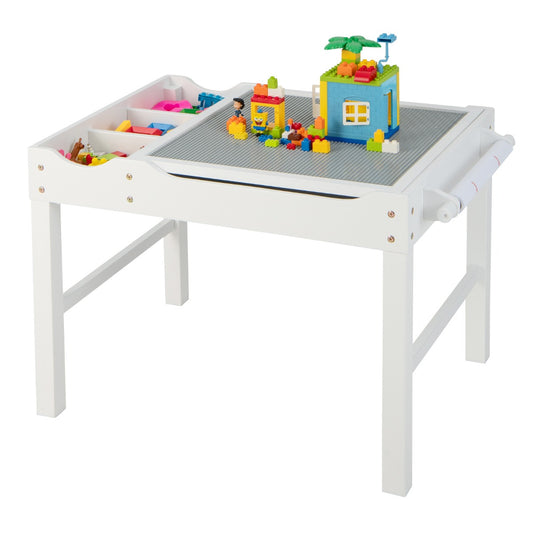 LIVSK 2-in-1 Kindertafel - Omkeerbaar Tafelblad - Opbergruimte met Vakken - Inclusief Rol Tekenpapier - Voor Kinderen - Wit