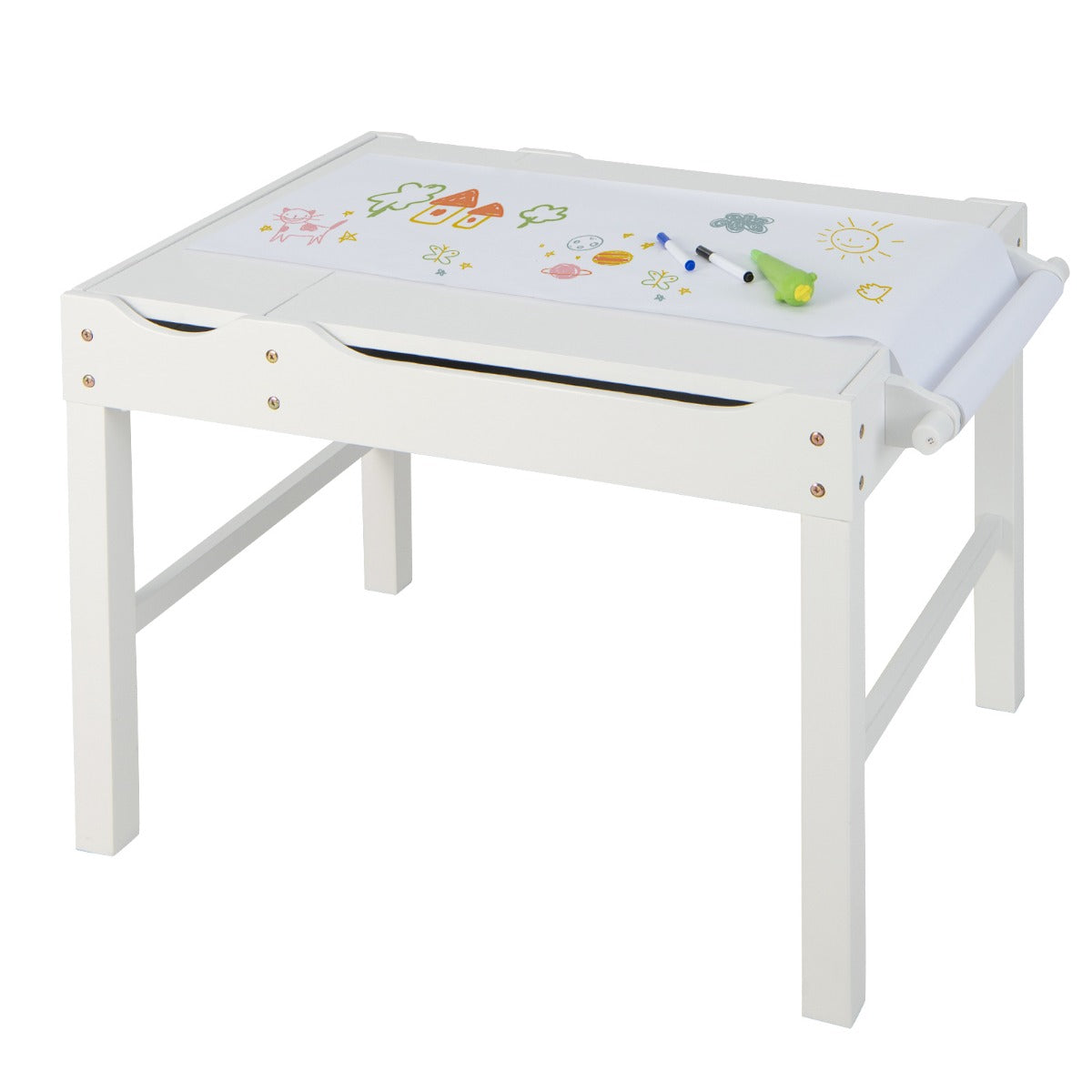 LIVSK 2-in-1 Kindertafel - Omkeerbaar Tafelblad - Opbergruimte met Vakken - Inclusief Rol Tekenpapier - Voor Kinderen - Wit