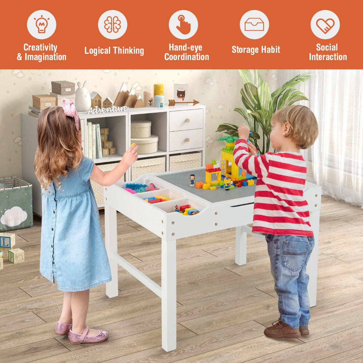LIVSK 2-in-1 Kindertafel - Omkeerbaar Tafelblad - Opbergruimte met Vakken - Inclusief Rol Tekenpapier - Voor Kinderen - Wit