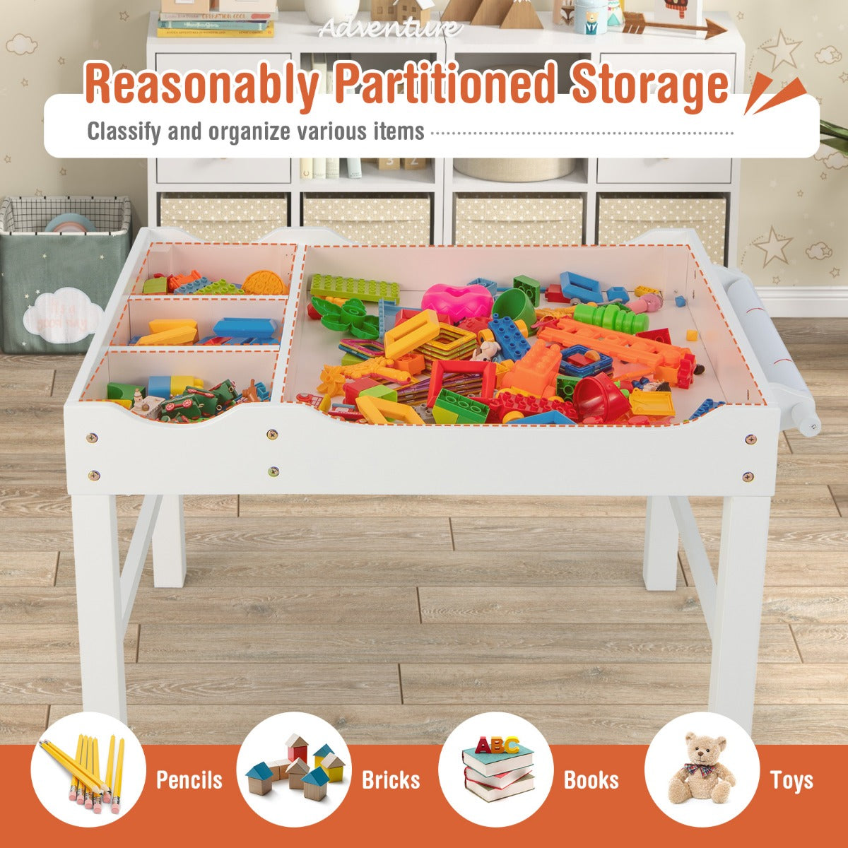 LIVSK 2-in-1 Kindertafel - Omkeerbaar Tafelblad - Opbergruimte met Vakken - Inclusief Rol Tekenpapier - Voor Kinderen - Wit
