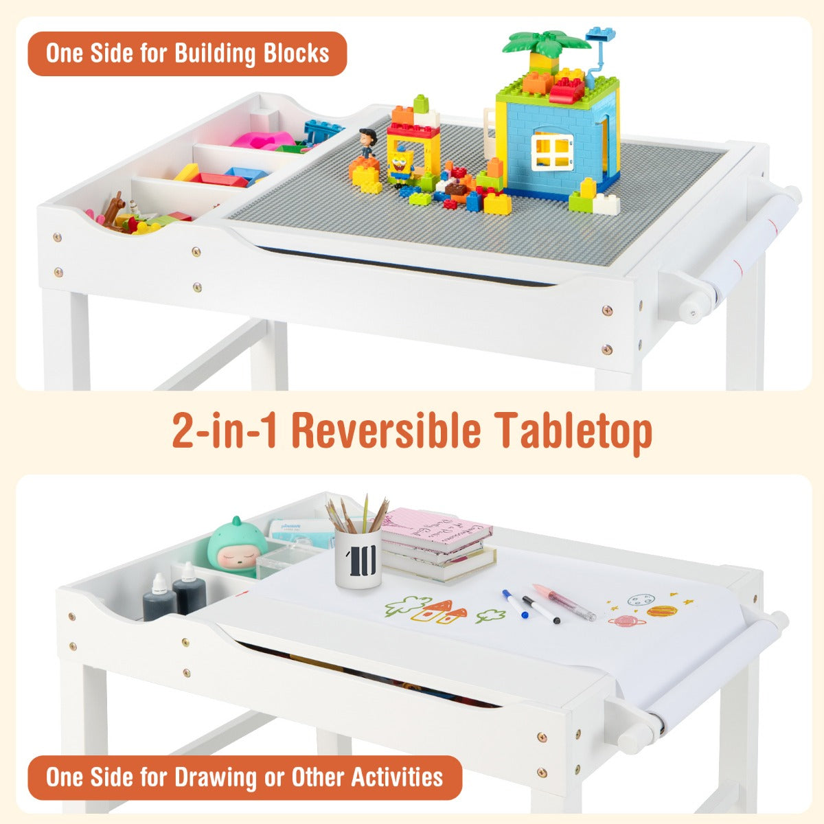 LIVSK 2-in-1 Kindertafel - Omkeerbaar Tafelblad - Opbergruimte met Vakken - Inclusief Rol Tekenpapier - Voor Kinderen - Wit