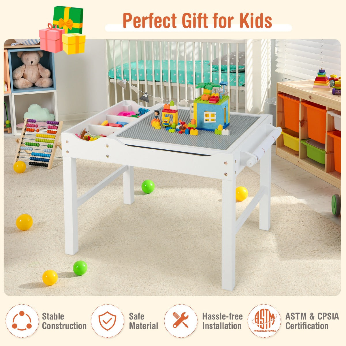 LIVSK 2-in-1 Kindertafel - Omkeerbaar Tafelblad - Opbergruimte met Vakken - Inclusief Rol Tekenpapier - Voor Kinderen - Wit