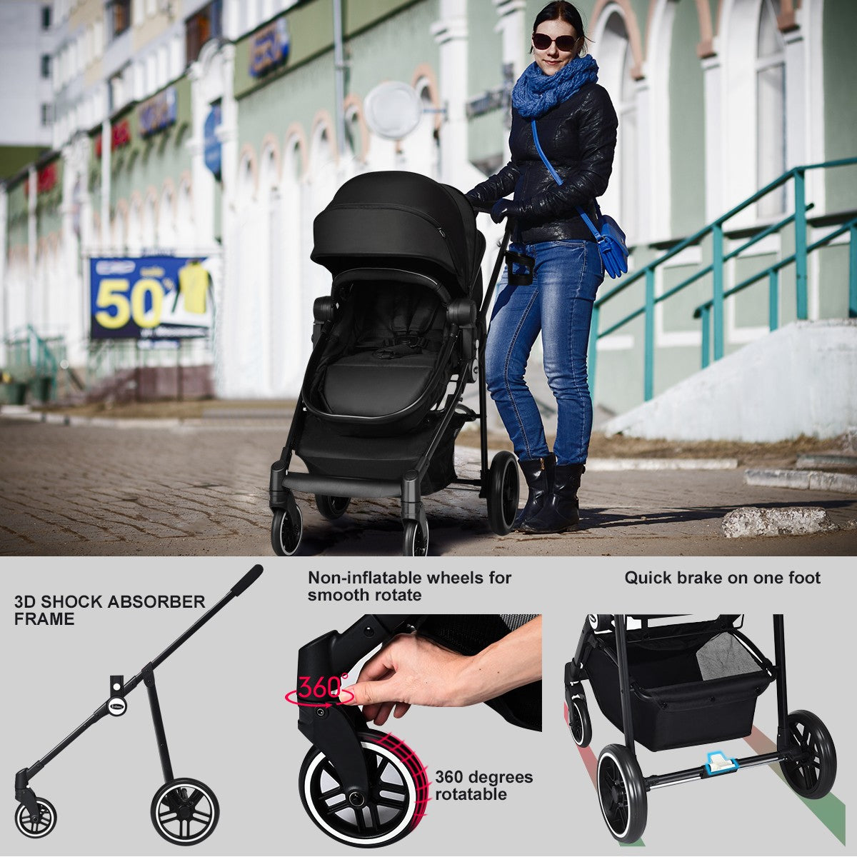 Livsk costway 2 in 1 kinderwagen hoge peuter kinderwagen met omkeerbare zitting voetrem bekerhouder en opbergmand zwart 3
