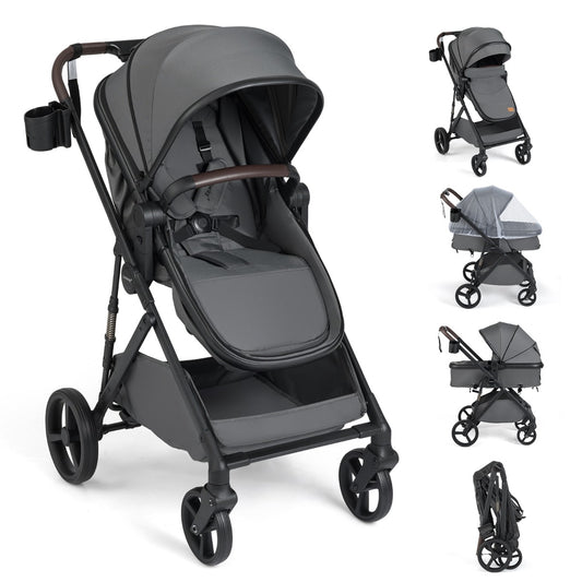 Livsk costway 2 in 1 kinderwagen met reiswieg omvormbare reisbuggy met omkeerbaar zitje verstelbare zonnekap en rugleuning grijs
