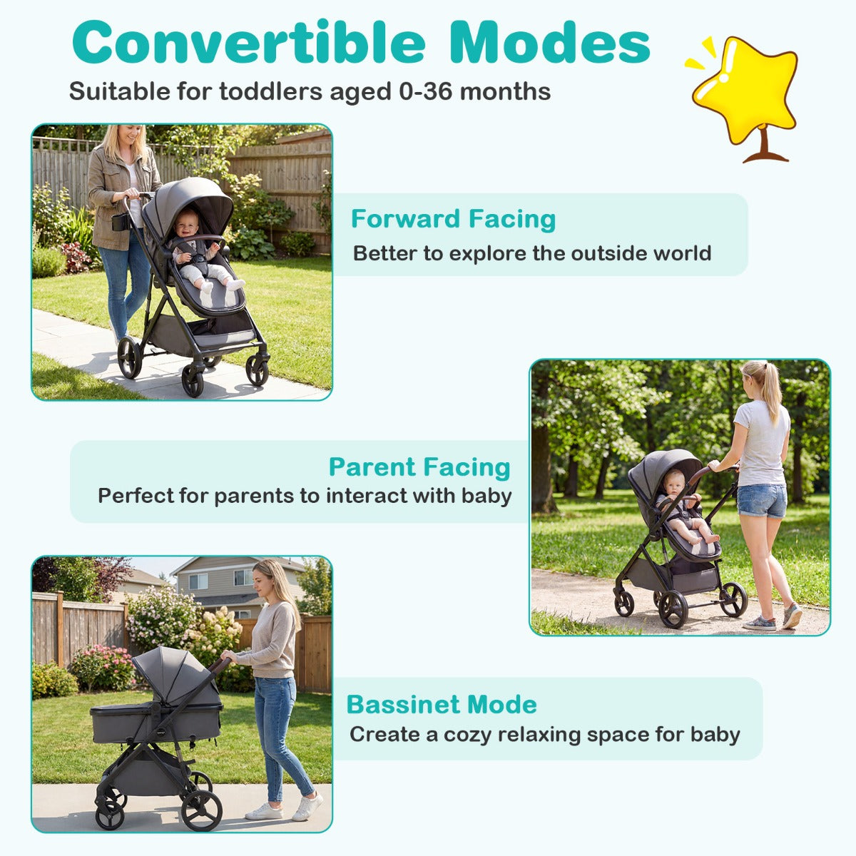 Livsk costway 2 in 1 kinderwagen met reiswieg omvormbare reisbuggy met omkeerbaar zitje verstelbare zonnekap en rugleuning grijs