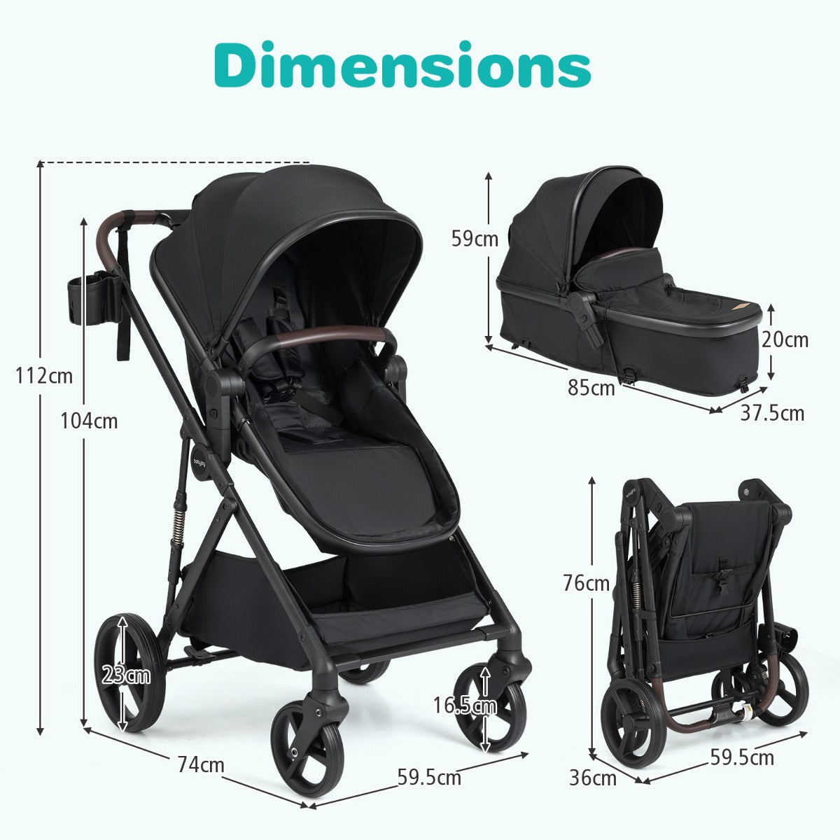 Livsk costway 2 in 1 kinderwagen met reiswieg omvormbare reisbuggy met omkeerbaar zitje verstelbare zonnekap en rugleuning zwart 1