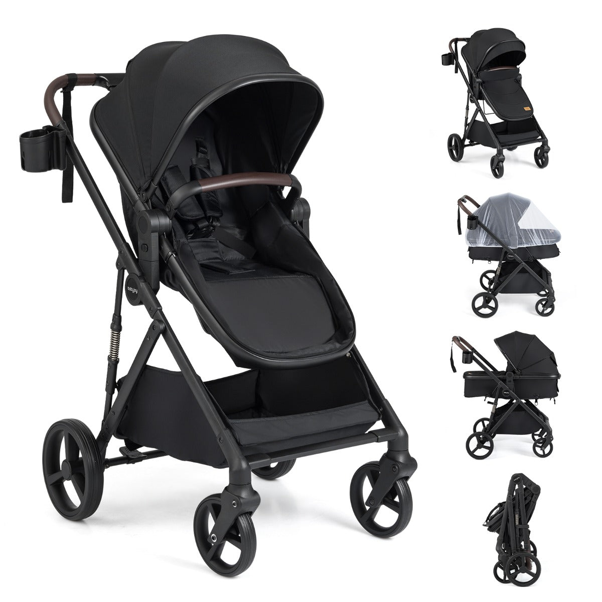 Livsk costway 2 in 1 kinderwagen met reiswieg omvormbare reisbuggy met omkeerbaar zitje verstelbare zonnekap en rugleuning zwart
