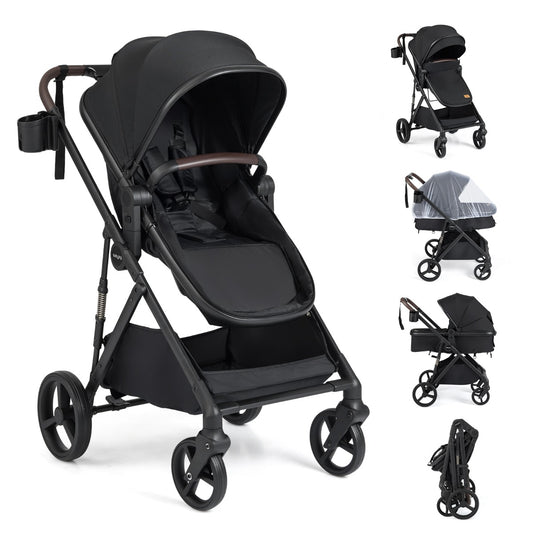 Livsk costway 2 in 1 kinderwagen met reiswieg omvormbare reisbuggy met omkeerbaar zitje verstelbare zonnekap en rugleuning zwart