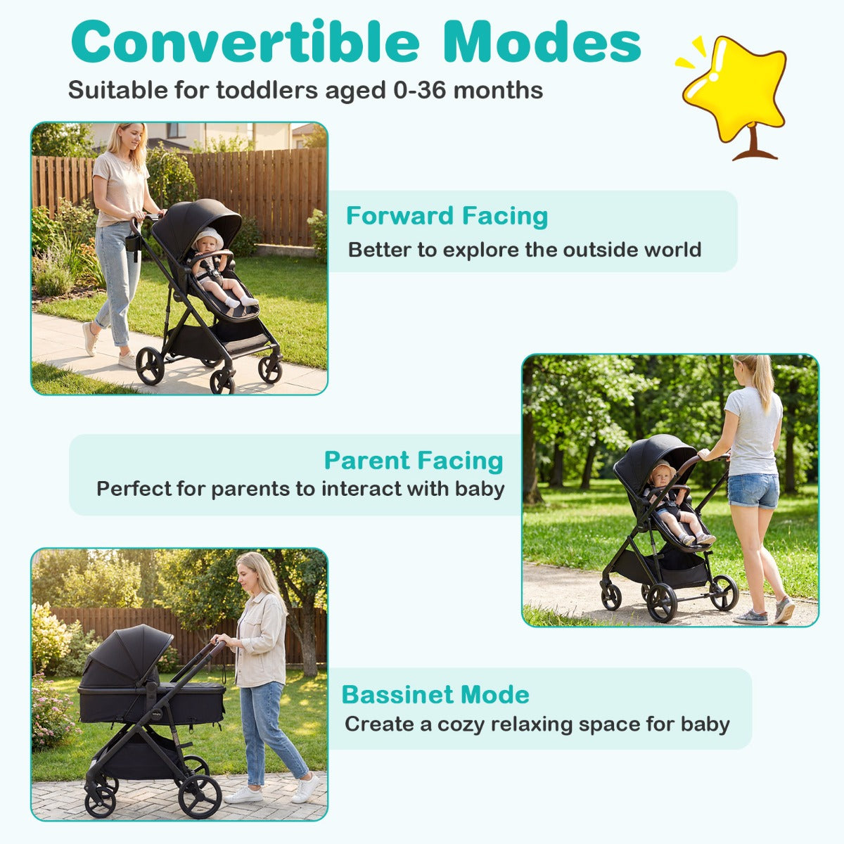 Livsk costway 2 in 1 kinderwagen met reiswieg omvormbare reisbuggy met omkeerbaar zitje verstelbare zonnekap en rugleuning zwart
