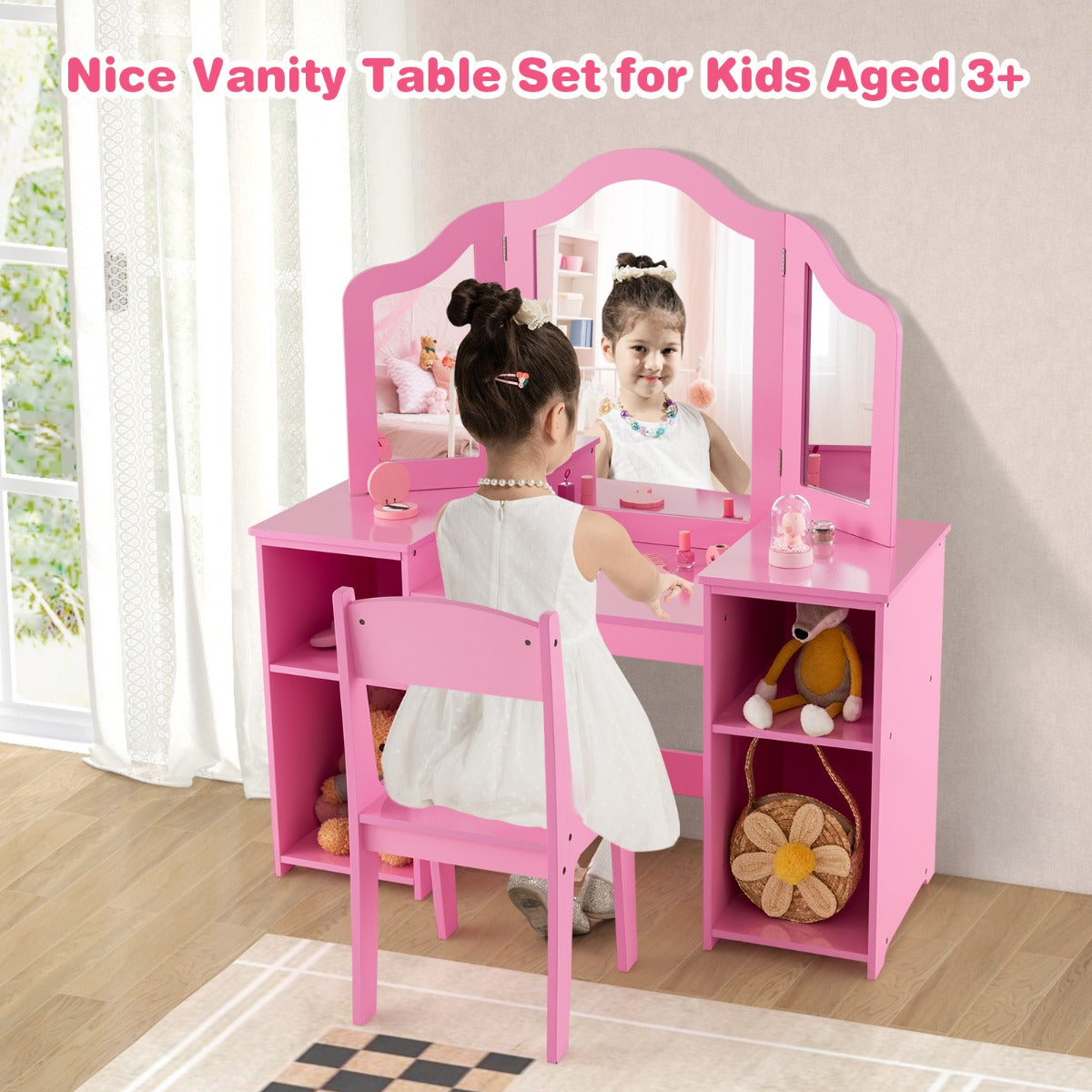 LIVSK Kinderkaptafel met Afneembare Spiegel - Educatief en Creatief - Ruime Opbergruimte - Veilig en Duurzaam - Roze