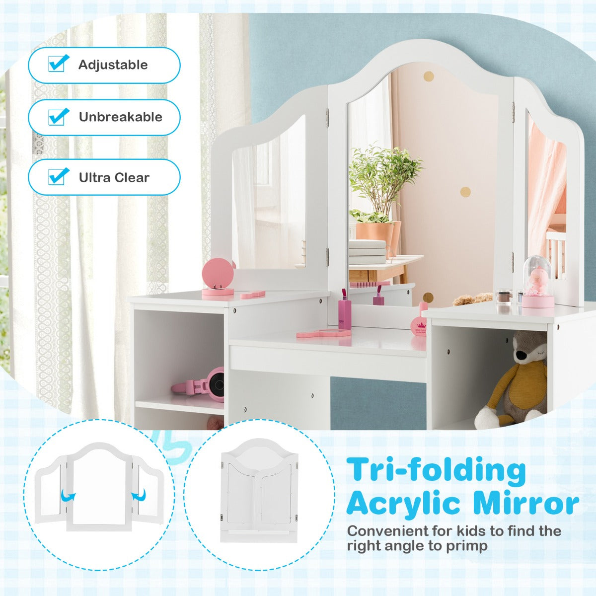 LIVSK Afneembare Kindermake-Uptafel - Driedelige Spiegel - Grote Opbergruimte - Veilig Design - 107 x 40 x 117 cm - Wit