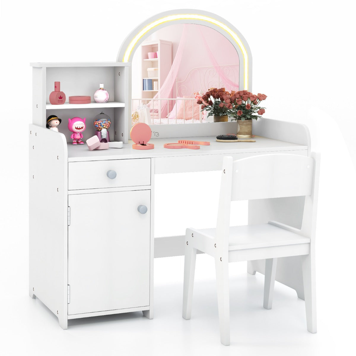 LIVSK Make-up Tafel Set voor Kinderen - Verlichte Acrylspiegel met 120 LED-lampjes - Opbergruimte - Stevig MDF - Wit