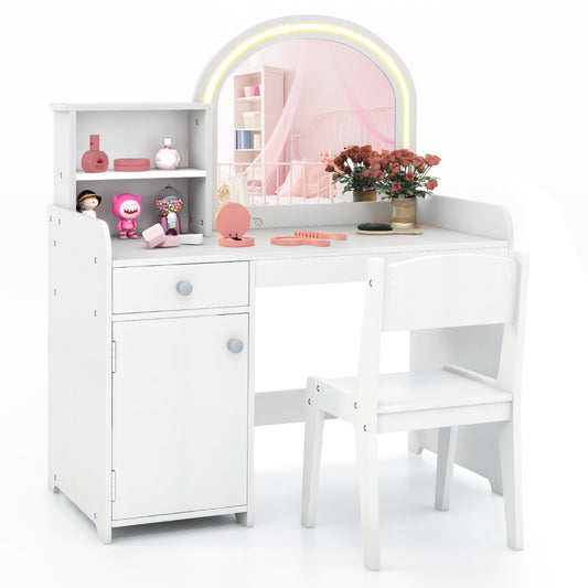 LIVSK Make-up Tafel Set voor Kinderen - Verlichte Acrylspiegel met 120 LED-lampjes - Opbergruimte - Stevig MDF - Wit