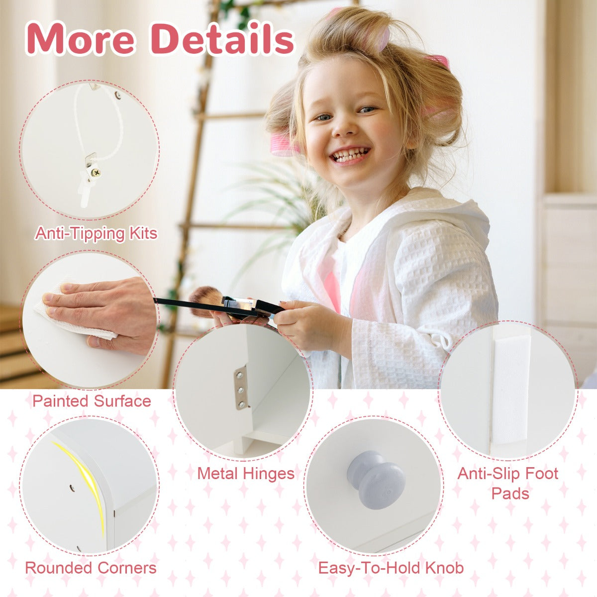 LIVSK Make-up Tafel Set voor Kinderen - Verlichte Acrylspiegel met 120 LED-lampjes - Opbergruimte - Stevig MDF - Wit