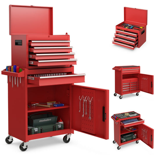 LIVSK Mobiele Gereedschapskist met Wielen - Afneembare Bovenkist - 4 Draaibare Wielen - 8 Lades - 59 x 28 x 102 cm - Rood
