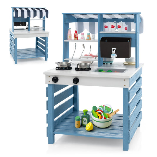 LIVSK 2-in-1 Kindermodderkeuken en Eetkraam - Dubbelzijdig - Veilig Dennenhout - Interactieve Functies - Voor Kinderen vanaf 3