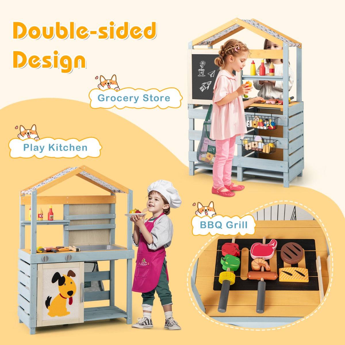 LIVSK 2-in-1 Houten Modderkeuken en BBQ Grill Speelset - Duurzaam Vurenhout - Inclusief Accessoires - Voor Kinderen vanaf 3 jaar