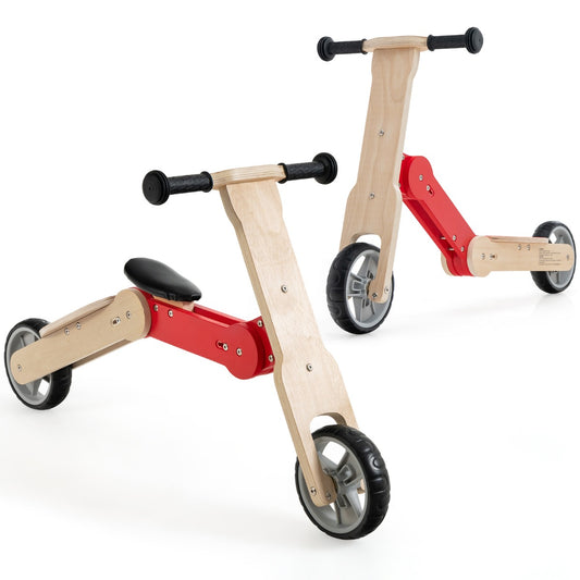 LIVSK 2-in-1 Kinderstep Loopfiets - Antislip Stuur met 135 Graden Begrenzing - Hout - Voor Peuters tot 50 kg - Rood + Natuurlijk