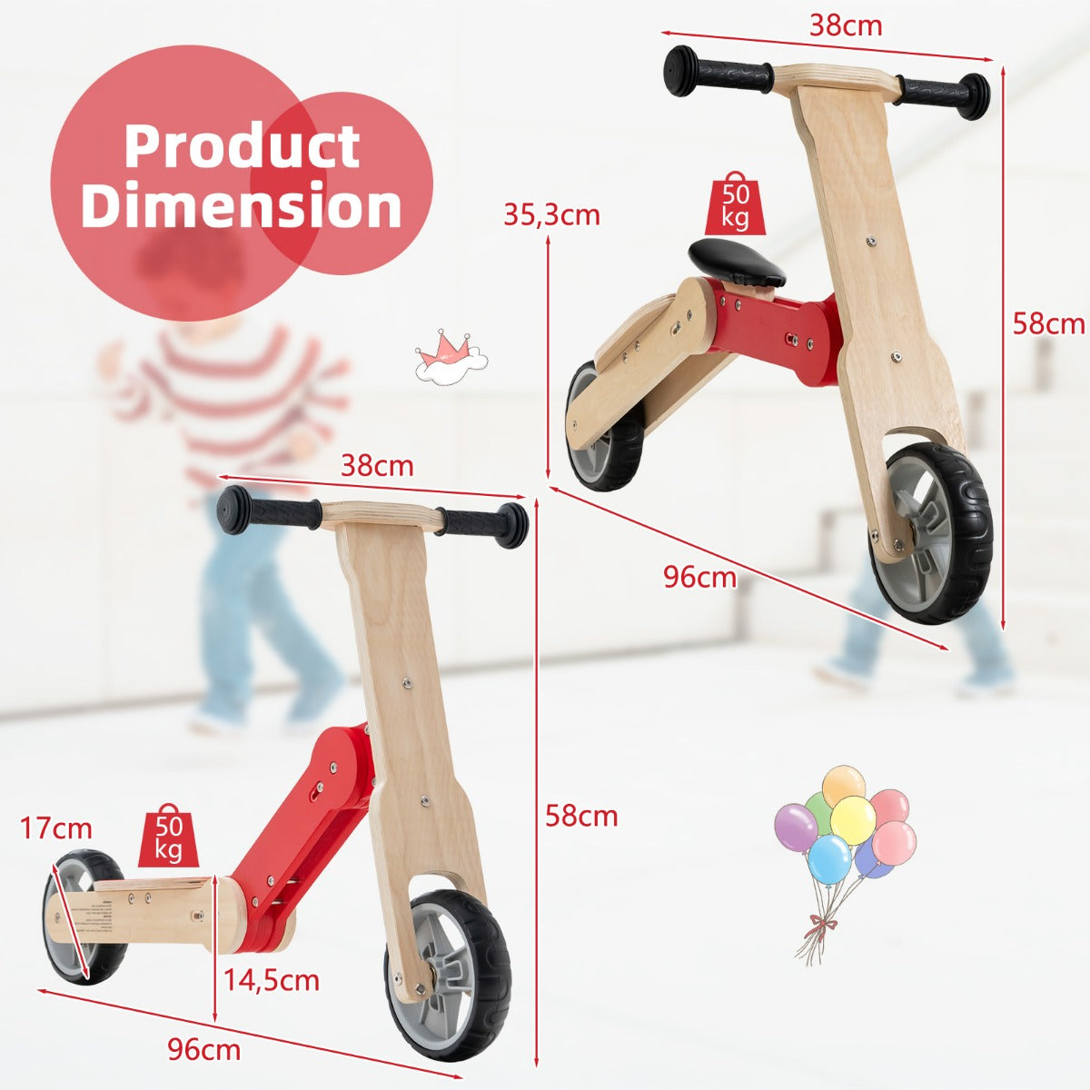 LIVSK 2-in-1 Kinderstep Loopfiets - Antislip Stuur met 135 Graden Begrenzing - Hout - Voor Peuters tot 50 kg - Rood + Natuurlijk