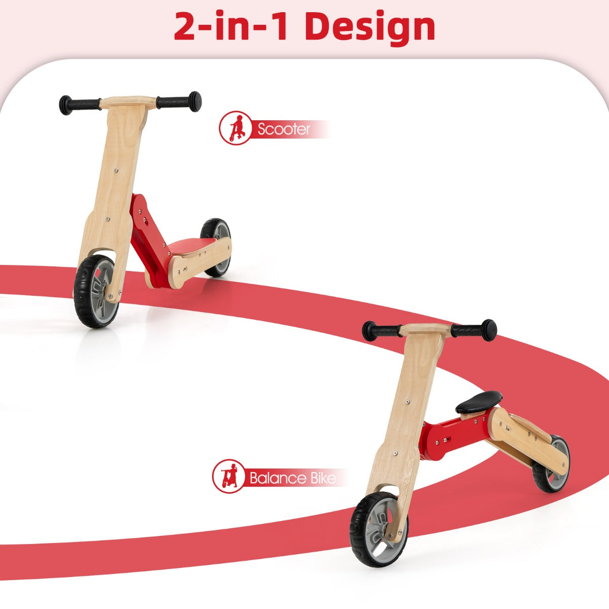 LIVSK 2-in-1 Kinderstep Loopfiets - Antislip Stuur met 135 Graden Begrenzing - Hout - Voor Peuters tot 50 kg - Rood + Natuurlijk
