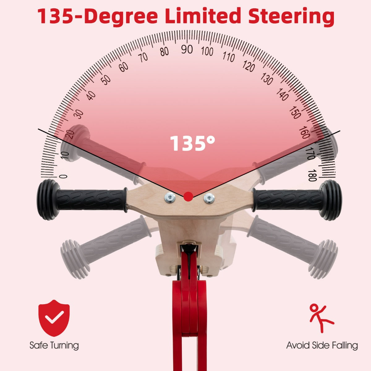 LIVSK 2-in-1 Kinderstep Loopfiets - Antislip Stuur met 135 Graden Begrenzing - Hout - Voor Peuters tot 50 kg - Rood + Natuurlijk