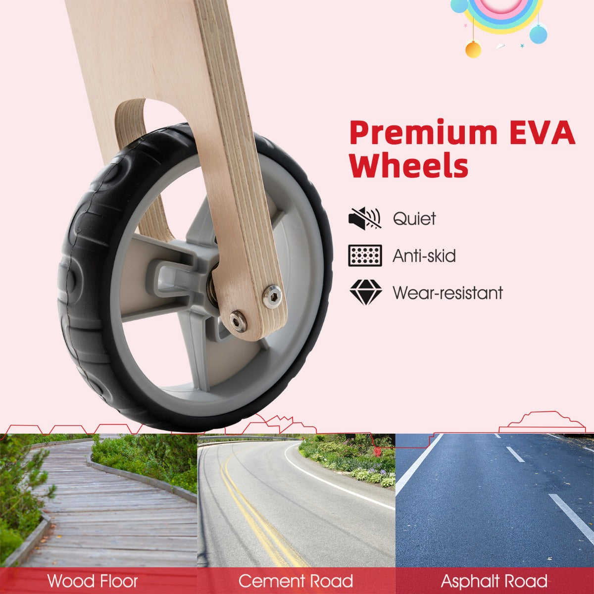 LIVSK 2-in-1 Kinderstep Loopfiets - Antislip Stuur met 135 Graden Begrenzing - Hout - Voor Peuters tot 50 kg - Rood + Natuurlijk