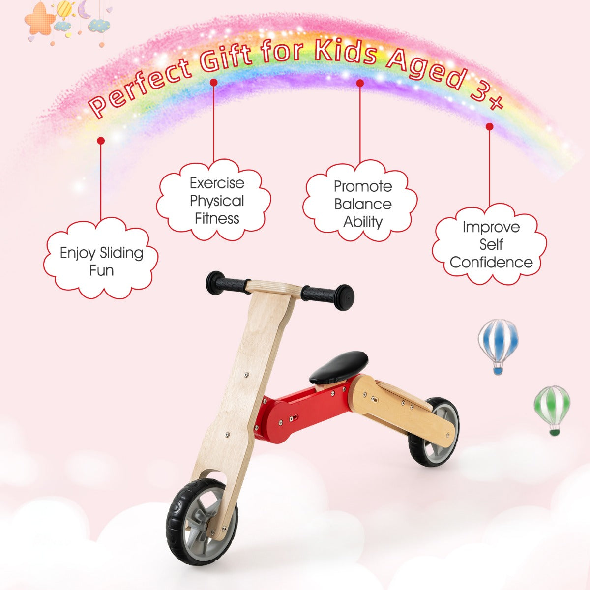 LIVSK 2-in-1 Kinderstep Loopfiets - Antislip Stuur met 135 Graden Begrenzing - Hout - Voor Peuters tot 50 kg - Rood + Natuurlijk