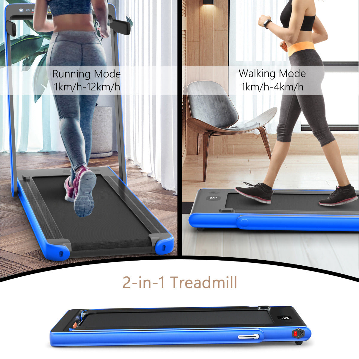 Livsk costway 2 in 1 opvouwbare elektrische loopband dual led display oppervlak 40x100cm bluetooth speaker blauw 5
