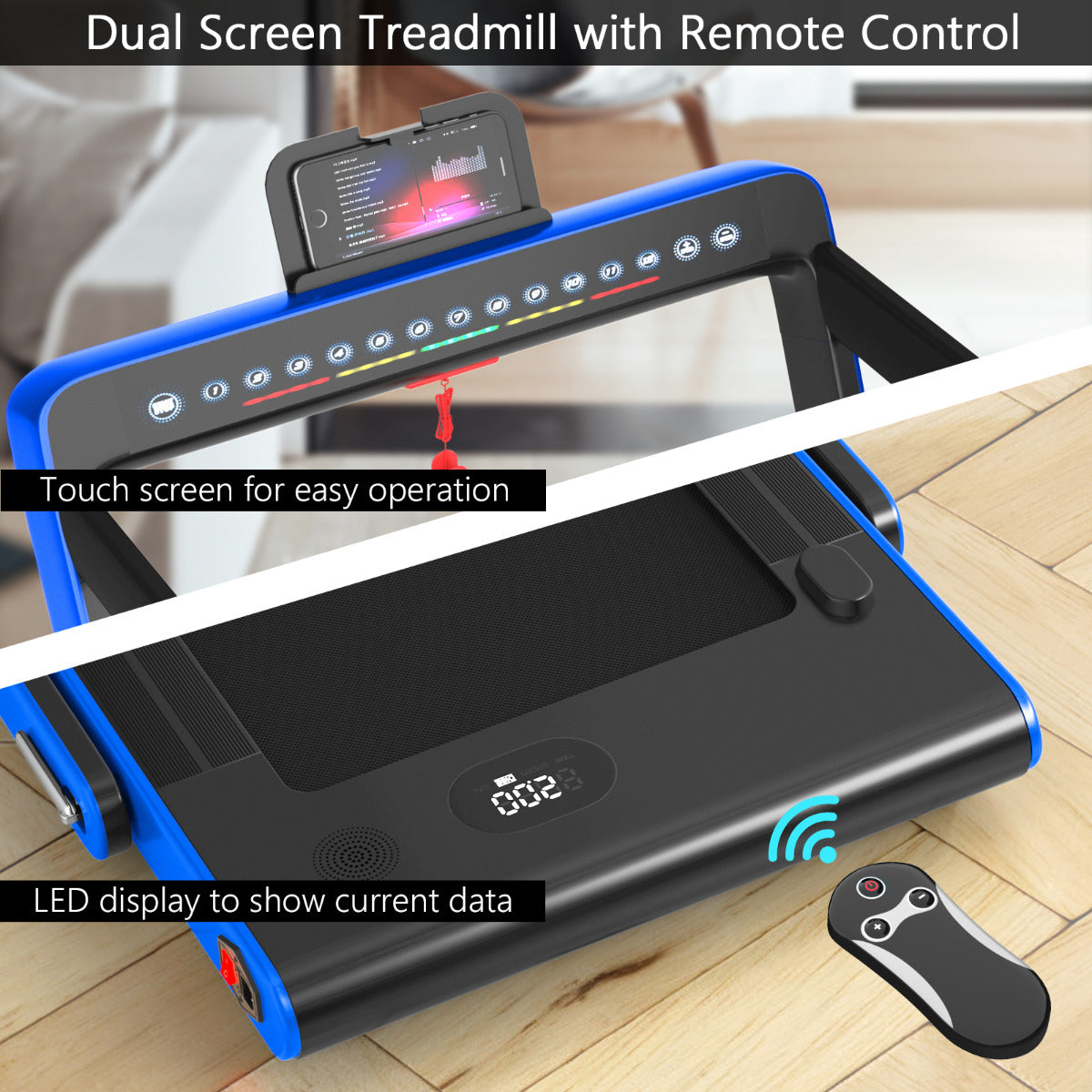 Livsk costway 2 in 1 opvouwbare elektrische loopband dual led display oppervlak 40x100cm bluetooth speaker blauw 6