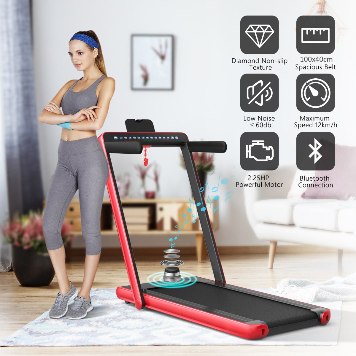 Livsk costway 2 in 1 opvouwbare elektrische loopband dual led display oppervlak 40x100cm bluetooth speaker rood 1 1