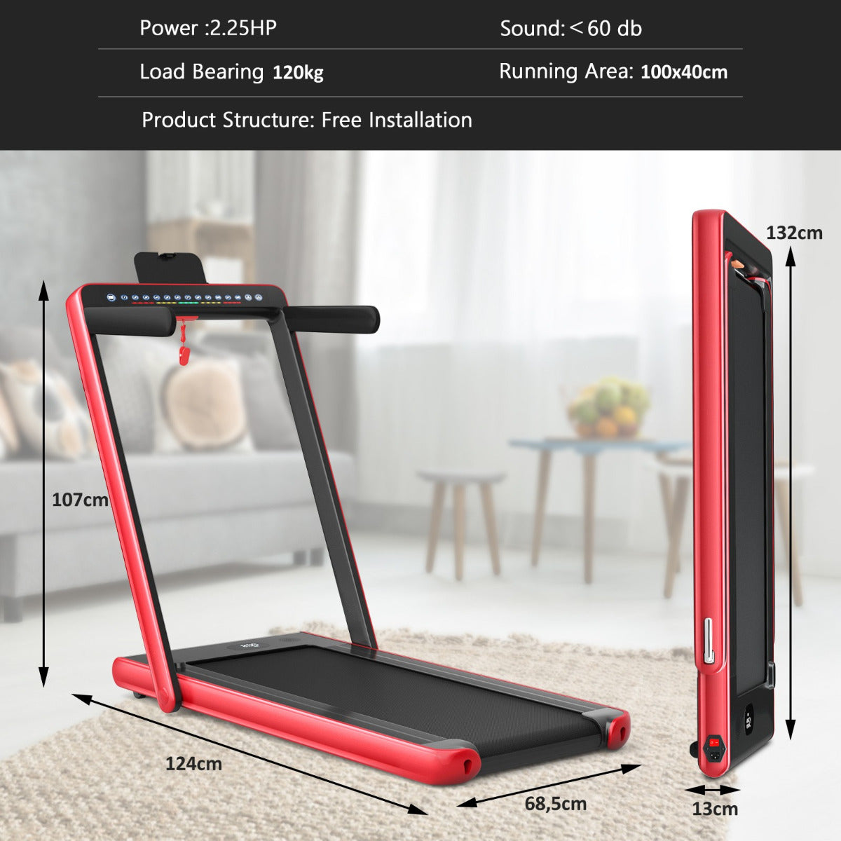Livsk costway 2 in 1 opvouwbare elektrische loopband dual led display oppervlak 40x100cm bluetooth speaker rood 2