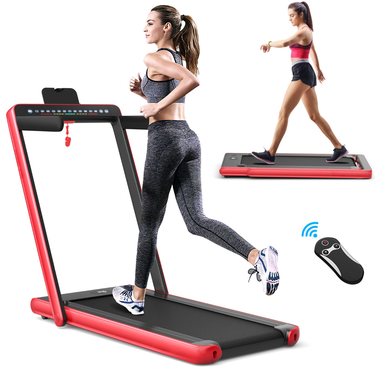 Livsk costway 2 in 1 opvouwbare elektrische loopband dual led display oppervlak 40x100cm bluetooth speaker rood 5