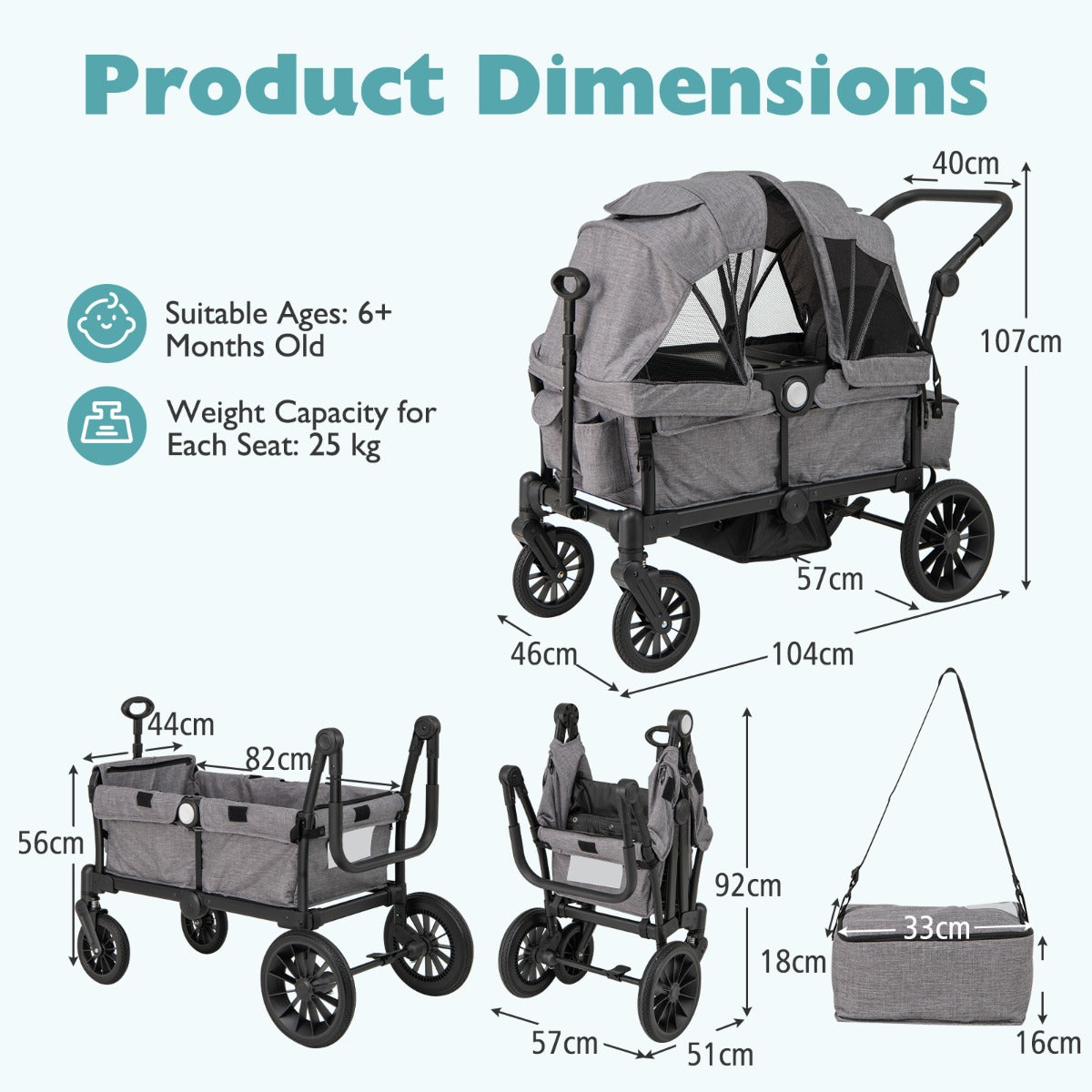LIVSK Dubbele Kinderwagen - Veiligheidsgordels - Verstelbare Kap - Bekerhouder - Tot 25 kg - Grijs
