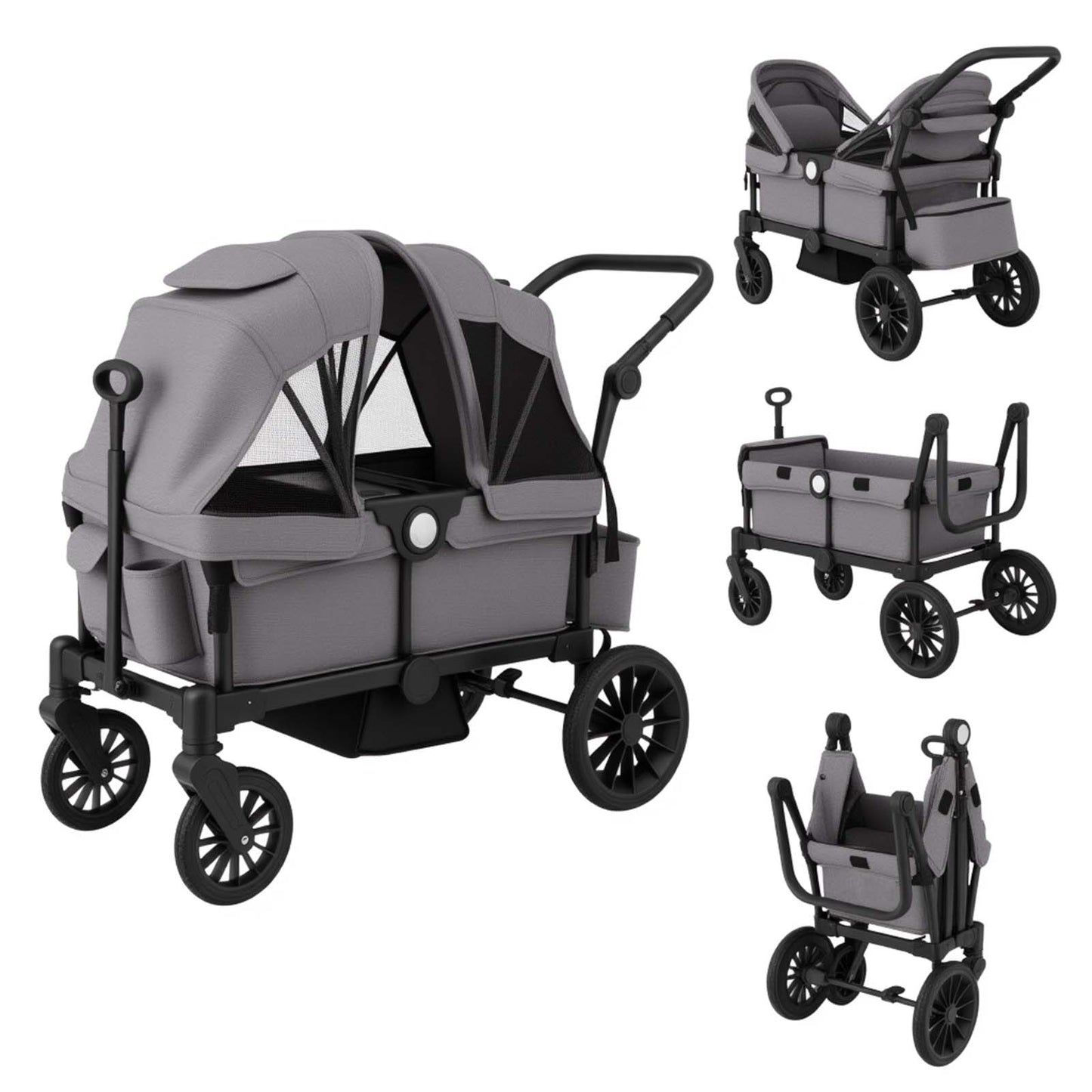 LIVSK Dubbele Kinderwagen - Veiligheidsgordels - Verstelbare Kap - Bekerhouder - Tot 25 kg - Grijs