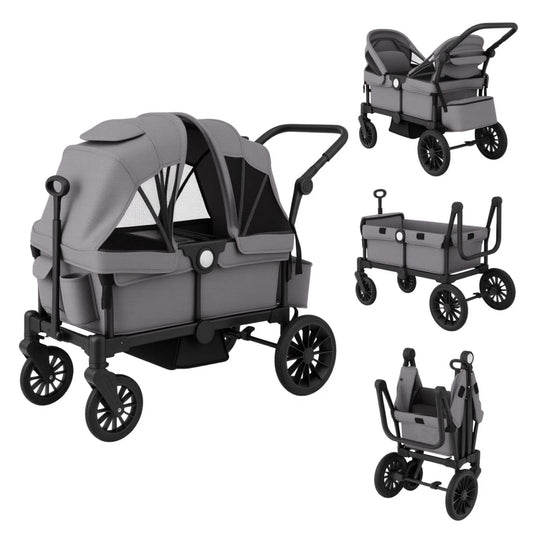 LIVSK Dubbele Kinderwagen - Veiligheidsgordels - Verstelbare Kap - Bekerhouder - Tot 25 kg - Grijs